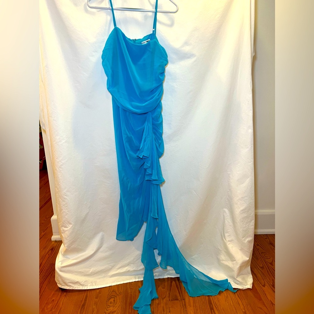 Long blue Fashion Nova ruffle dress